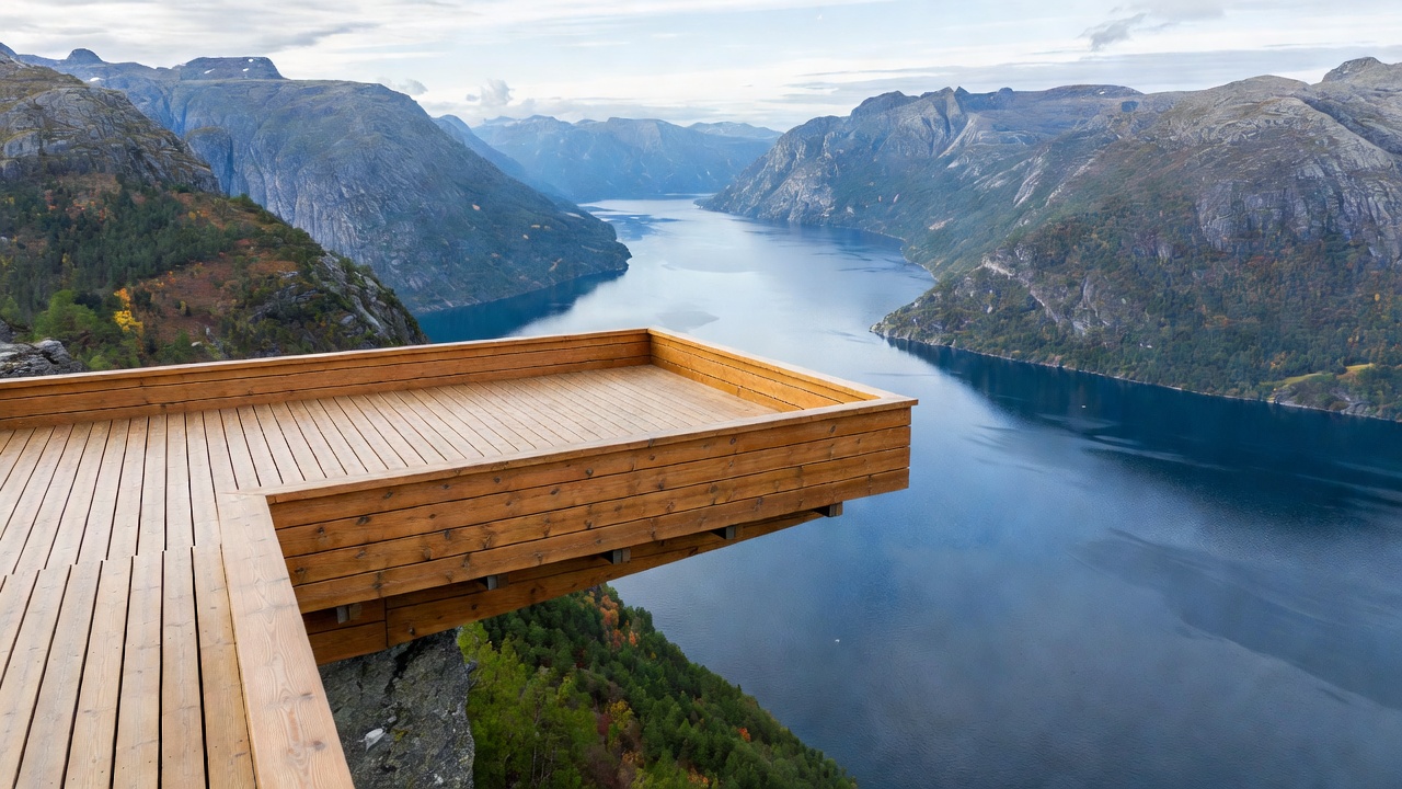 Laminated pine cantilevered viewing platform extending out over the panoramic Aurlandsfjord