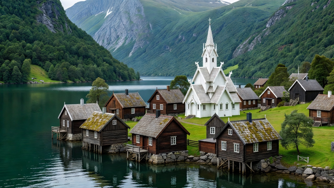 Cluster of small wooden houses and white historic stave church on the green water's edge at Undredal