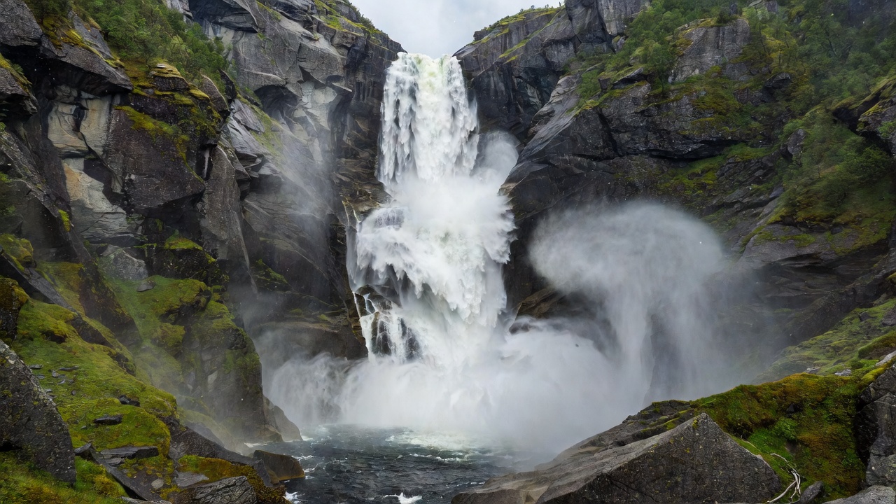 Torrents of white water plunging 182 metres into a narrow rocky canyon at Voringsfossen